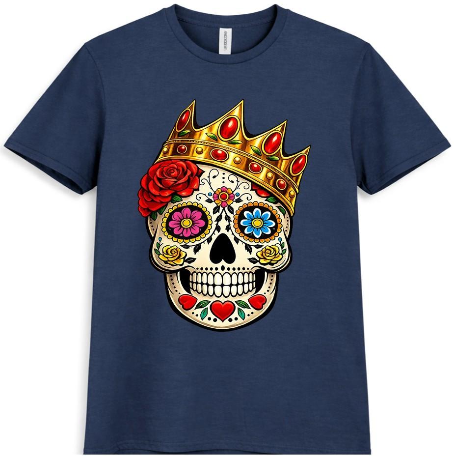 Sugar Skull Crown T-Shirt Day Of The Dead Gothic Floral Tattoo Graphic Tee