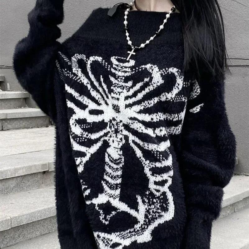 ROADVIBE Goth Skull Print Harajuku Sweater Sweater Tops Aesthetic Women's Black Pullover Harajuku Fashion Streetwear Tops 2000