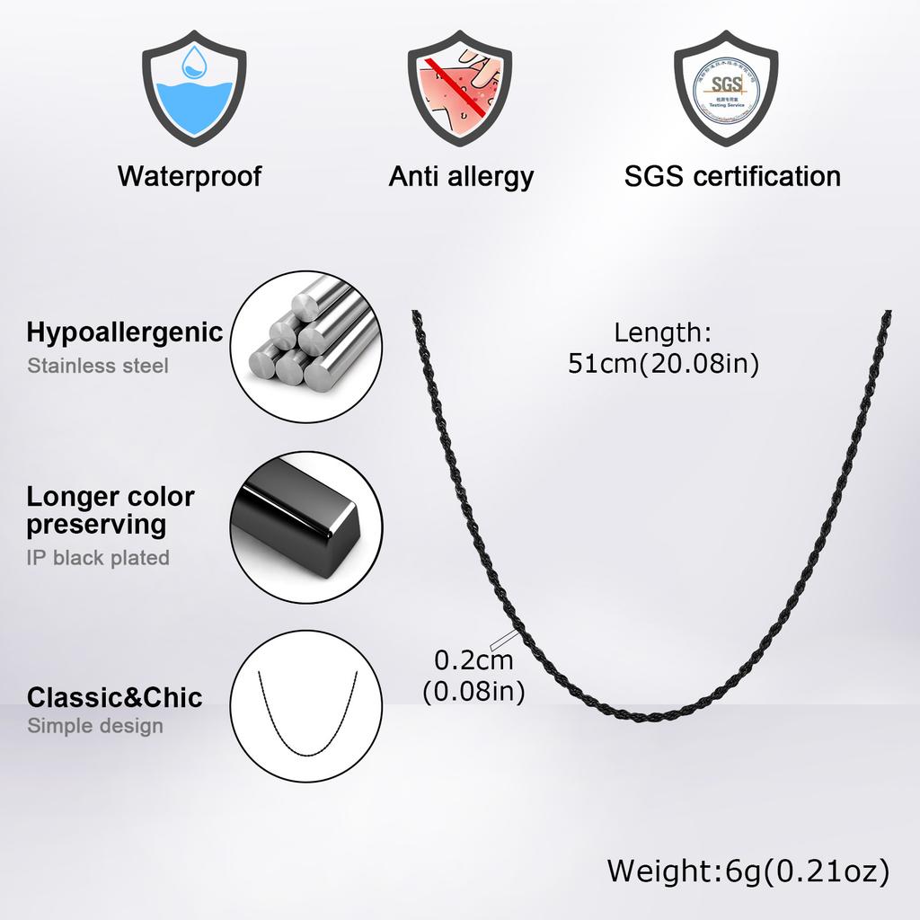 Black Twisted Rope Long Chain Necklace for Men Boys,Waterproof Stainless Steel Links Collar,Classic Simple Male Jewelry Gift