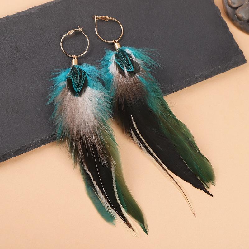 Exaggerated personality long feather earrings women's bohemian temperament retro vacation fringed earrings