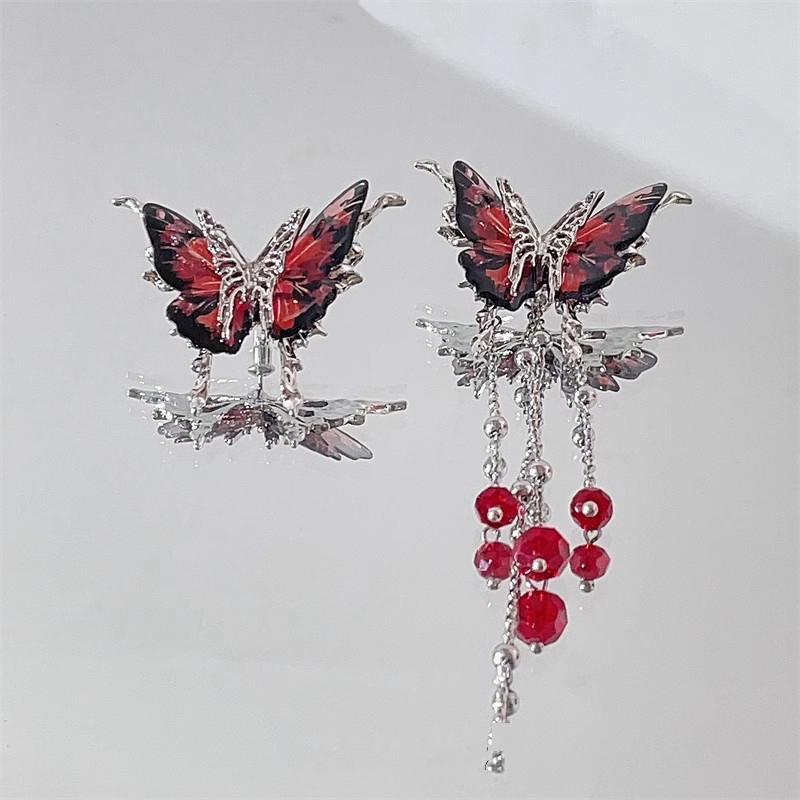 Elegent Blue Starry Sky Butterfly Earrings for Women Long Tassels Chain Zircon Luxury Red Drop Earrings Sweet Cool Y2K Jewelry