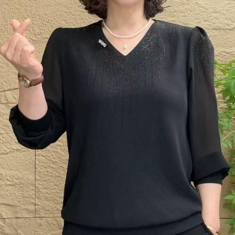 

Весна 2025 Блузка с V-образным вырезом и длинными рукавами из шифона для женщин – Однотонный универсальный топ для мам среднего и пожилого возраста XXXL (120-130 jin)