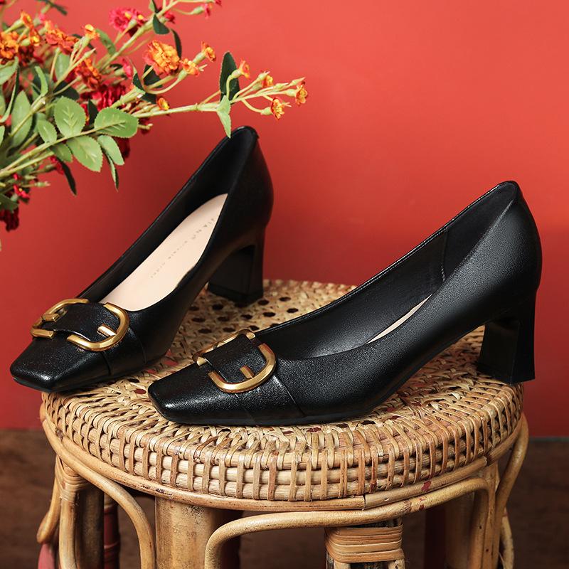 Sheepskin Square Head Thick Heel Temperament High Heels Women's Fashion Exquisite Celebrity Commuting Single Shoes Spring and Autumn