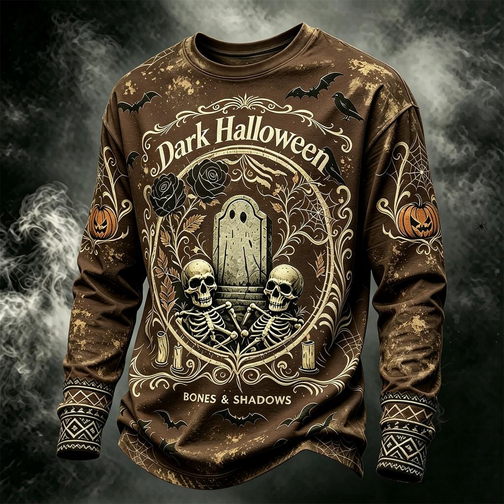 Men's Casual Long Sleeve Round Neck Top with Halloween Print for Seasonal Wear