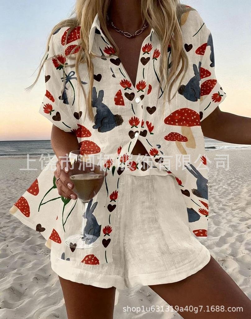 Hot Sale Casual Holiday Shirt Set Beach 1D Printed Shirt Shorts Women's Suit Customized-Made