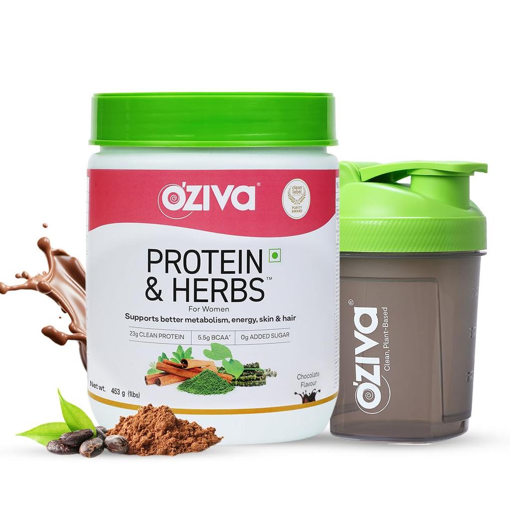 OZiva Protein & Herbs for Women to Reduce Body Fat, Manage Weight & Metabolism |23g Whey Protein, No Added Sugar, Certified Clean 453gm (Chocolat
