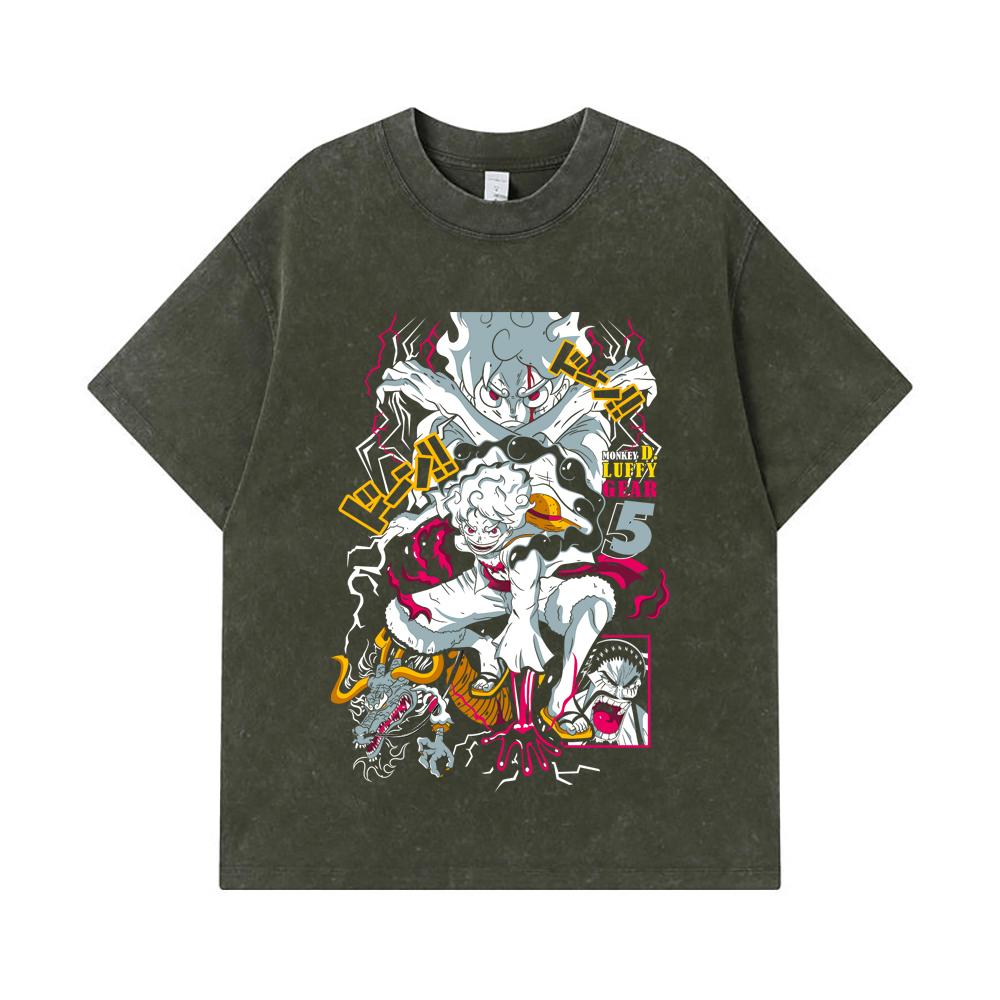 275 GSM Washed T-shirts 100% Cotton One Piece V23 Luffy Gear Print Unisex Heavy Cotton T Shirt