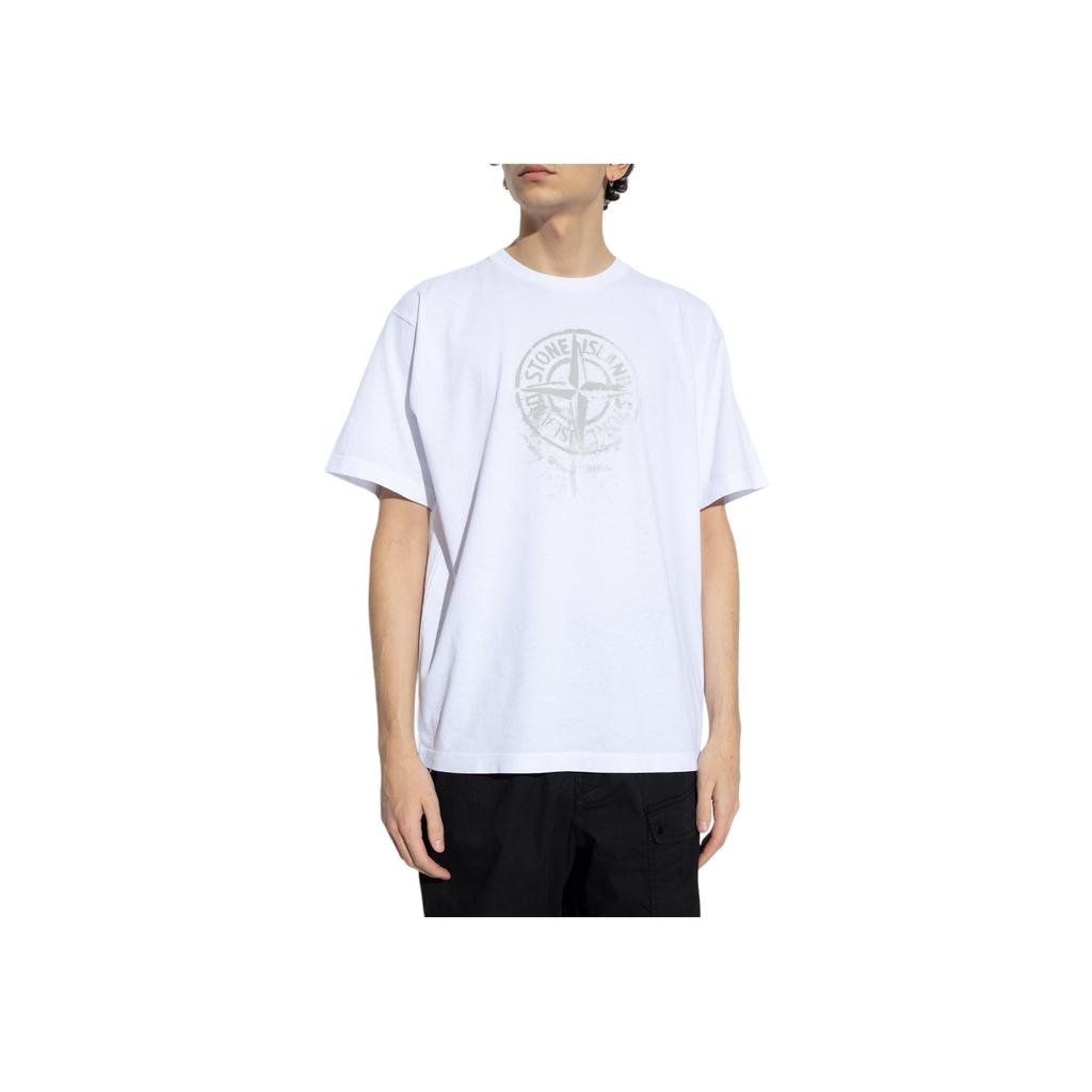 STONE ISLAND T-shirt da Uomo SS24 a Maniche Corte con Girocollo e Logo Bussola Stampato Colore Unico Top Bianchi 80152RC87-V0001