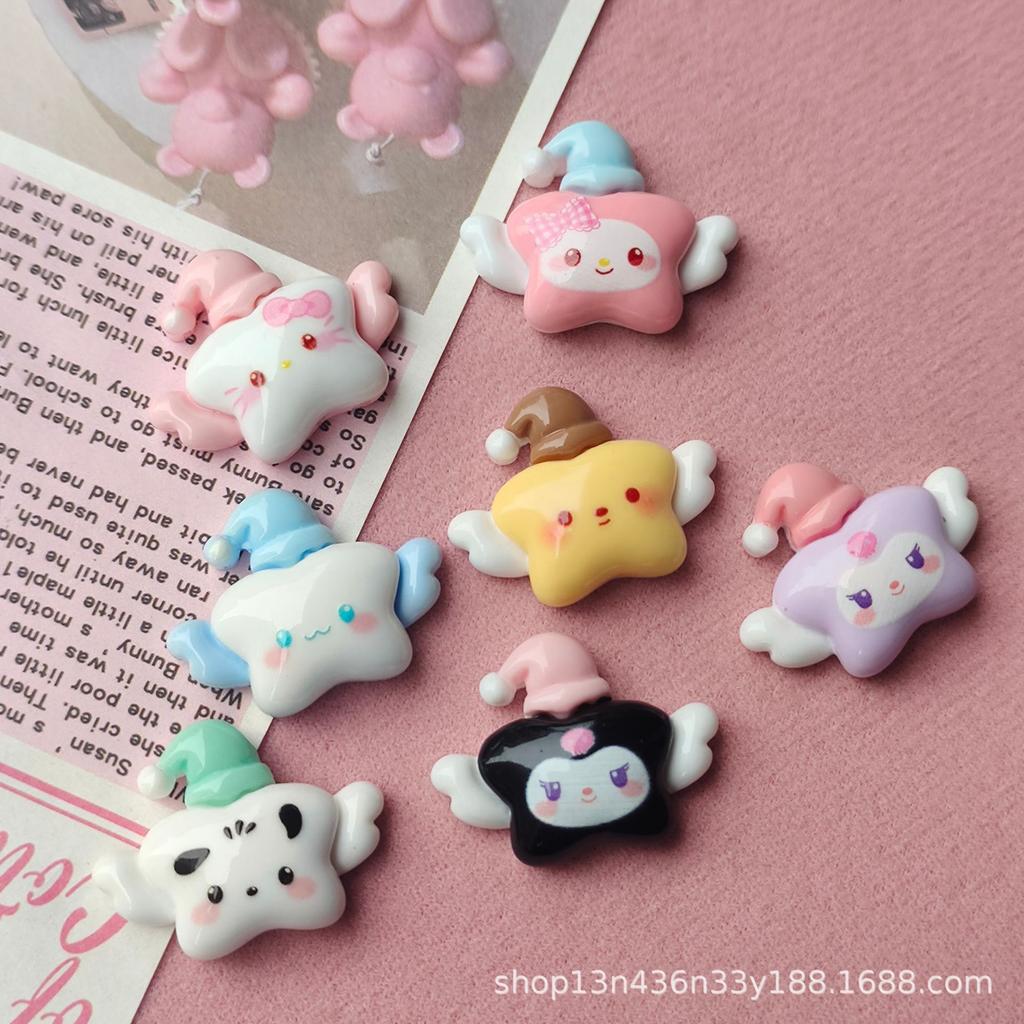 10Pcs Kawai Bright Surface Cartoon Winged Stars Series Resin Flat Back Scrapbook Figurine Diy Bow Decor Accessories Crafts A27