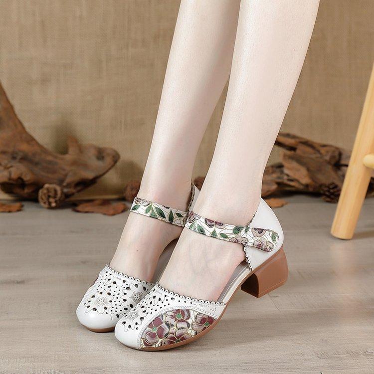 New Women Leather Shoe Sandals High Heel Summer Soft Sole Beach Hollow Flowers Shoes Female Luxury Sandals Women Heeled Sandals