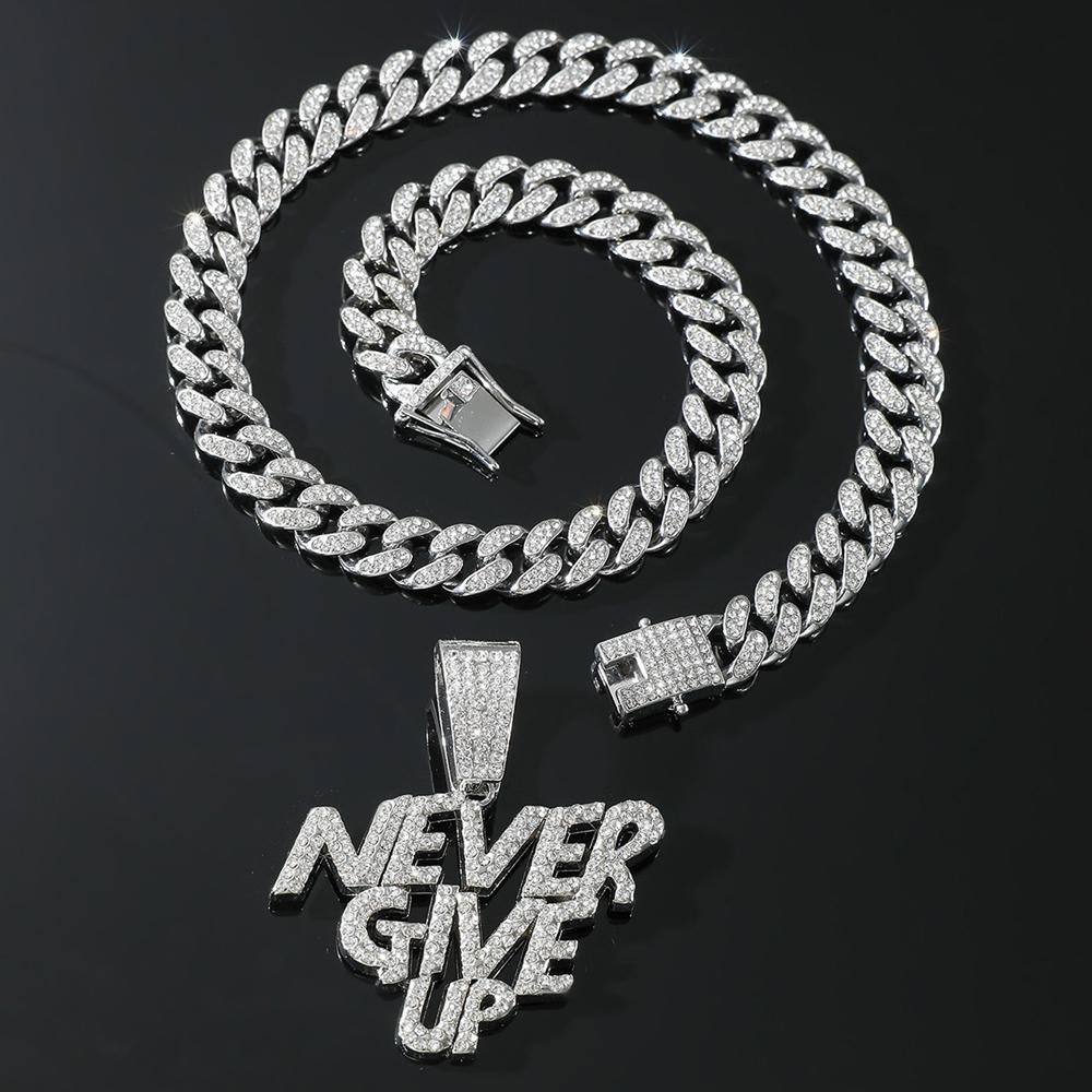 New Men Hip Hop NEVER GIVE UP Pendant Necklace Crystal Cuban Chain HipHop Iced Out Bling Necklaces Fashion Charm Women Jewelry