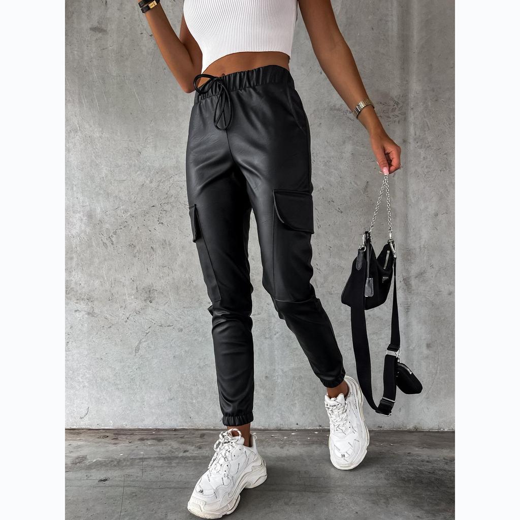 European & American Autumn/Winter Street Style Waist-Cinching Leather Drawstring Pants
