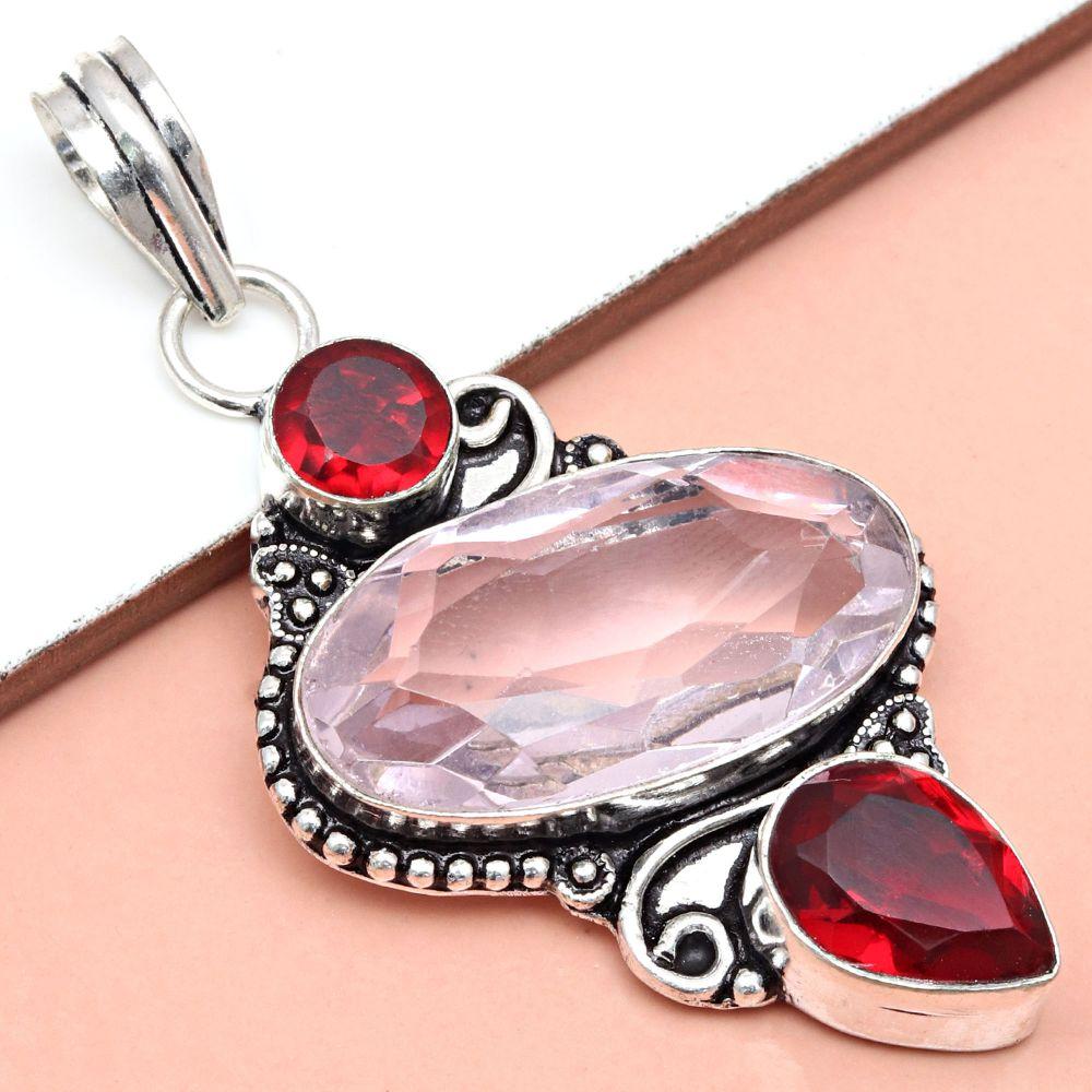 Pendant Kunzite Garnet Gemstone Gift For Her Silver Jewelry 2.5"