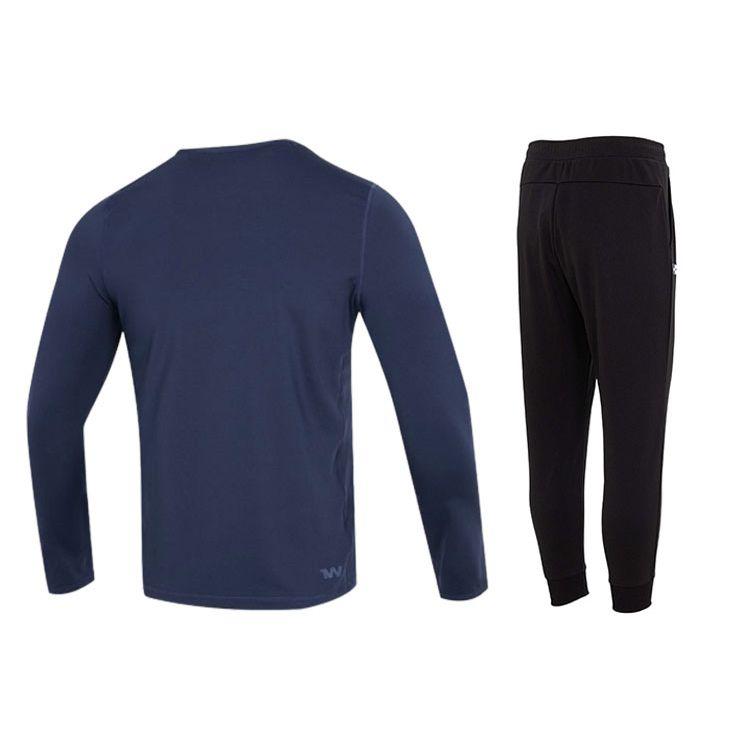 Under Armour Solid Slim Fit Crew Neck Long Sleeve T-Shirt And Mid Rise Long Pants Casual Sports Set Men sets Blue Black 22600307-408+23600704-001