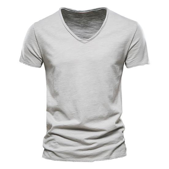 T-shirt da uomo con scollo a V, maniche corte, texture morbida, tinta unita, semplice maglione top, streetwear