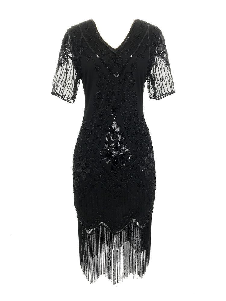 European & American 1920s Vintage Sequin Beaded Tassel Plus Size Evening Party Dress