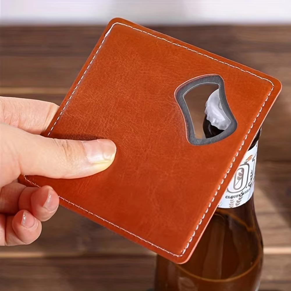 Solid Color Cup Mat PU Leather Bottle Opener Portable Coasters  Gift
