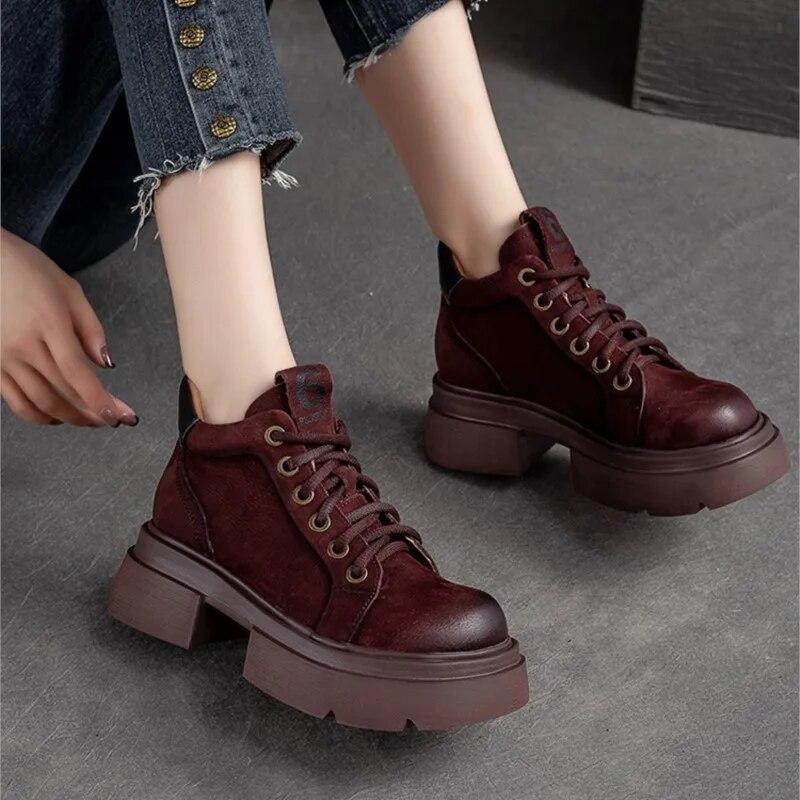 Johnature Retro Genuine Leather Lace-up Short Boots Round Toe Thick Sole Casual Versatile Women's Shoes