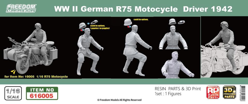Freedom Model Kit 1/16 German R75 Motorcycle with Sidecar and Rider Figure, Plastic Model FRE16005SP