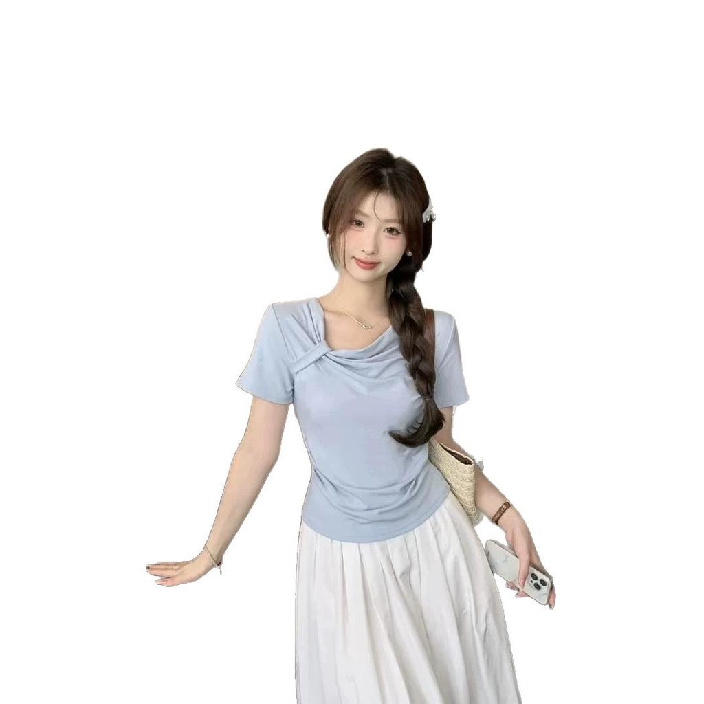 Summer Slim-fit Short Off-shoulder T-shirt Women's Design Sense Slim-fit and Thin Niche Short-sleeved Chic T-shirt Top