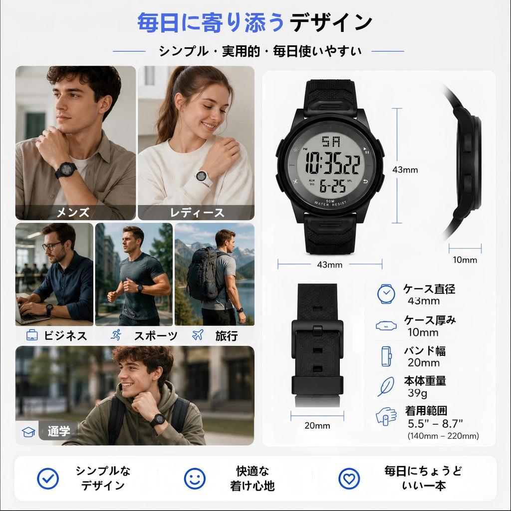 Digital Watch, Unisex, 50M Water Resistant, Lightweight, Slim, Sports Watch, Luminous LED Backlight, Alarm, Stopwatch, DateDay Display, 1224 Hour