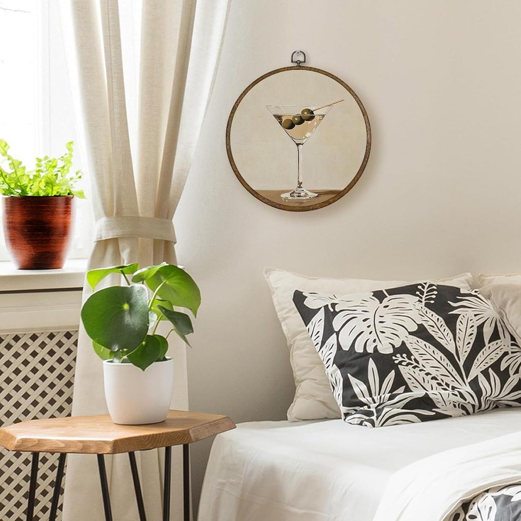 Qskjre Trendy Martini Wall Art Bar Cart Decor, Funky Cocktail Aesthetic Round Wood Framed Canvas Wall Artwork, Vintage Olive Martini Hanging Prints