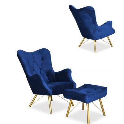 Scandinavian Armchair Luna with Footrest, Pouffe, Button,, Navy Blue, Indigo