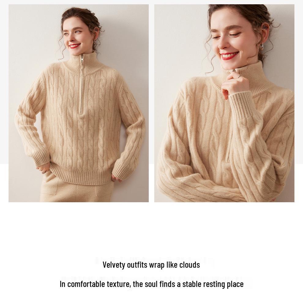 2025 Women's High-Neck Cable Knit Cashmere Sweater - Loose, Versatile Half-Zip Jumper for Autumn/Winter