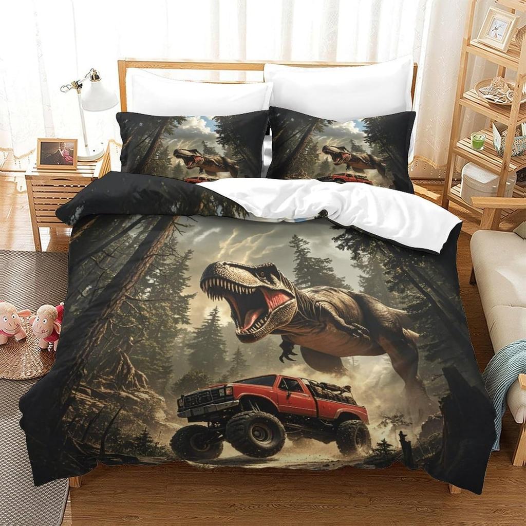 Dinosaur Monster Truck Duvet Cover Single Soft Microfiber Bedding Sets,Monster Truck Comforter Cover with Zipper for Kids Adults
