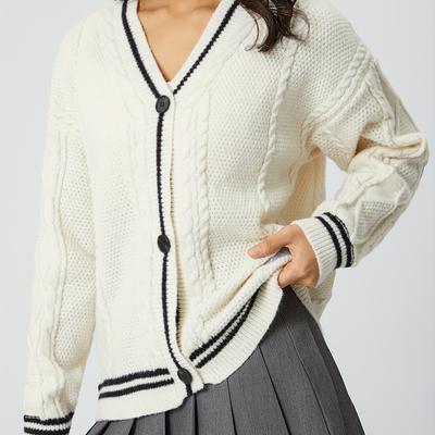 Women's V Neck Long Sleeve Loose Fit Solid Color Knitted Cardigan Casual Sweater Top
