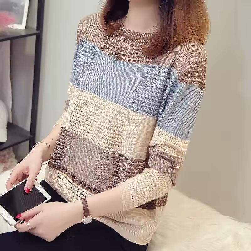 Spring Autumn Sweater Women's Purple Striped Stripes Pullover Thin Knitting Loose Hook Hollow Jumper Casual Top