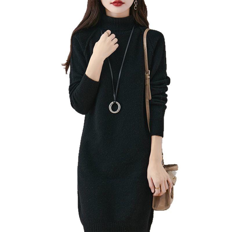 Pile collar warm bottom pullover sweater skirt women's autumn and winter new medium and long inner thick knitted sweater dress women