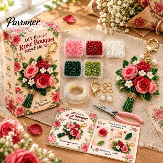 DIY Bouquet Keychain Set Handmade Flower Craft Set, Beaded Making Handicraft Material Pack Kit, Complete Kit for Bag Charm Decorative Pendant