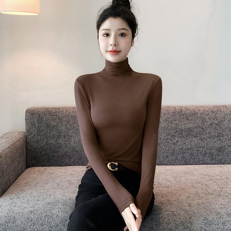 Women's Turtleneck Base Layer Top Long Sleeve for Spring and Autumn Inner Wear with Pile Collar Tight Fit Elegant Slim Fit Underwear