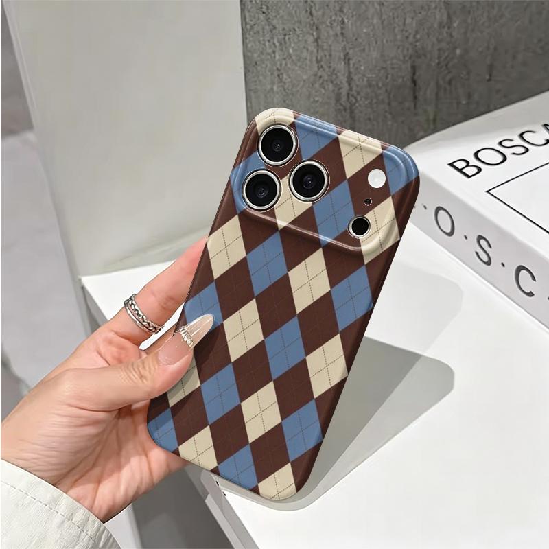 Classic Retro Plaid Argyle Geometric Pattern Art Film Aesthetic Protective Shockproof Bumper Case Cover For iPhone 14 15 16 Pro Max Plus