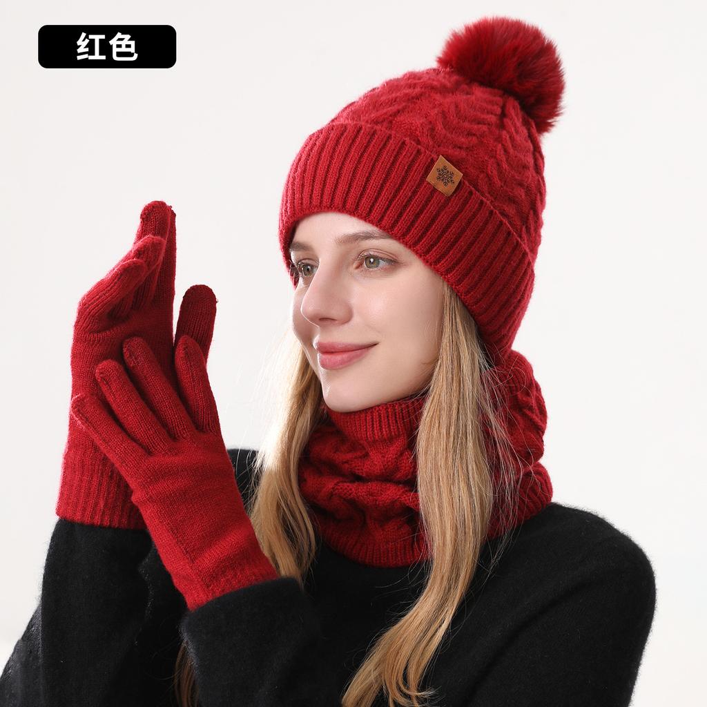 Winter Knitted Hat, Gloves, Hat, Scarf Three-piece Set, Winter Women's Outdoor Riding Double-layer Knitted Scarf
