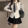 Women's Slim-Fit White Lace-Up Waist-Cinching Long Sleeve Academy Style Shirt