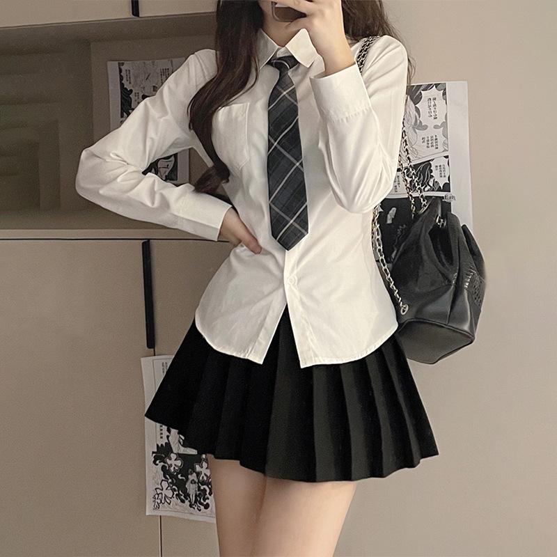 Women's Slim-Fit White Lace-Up Waist-Cinching Long Sleeve Academy Style Shirt