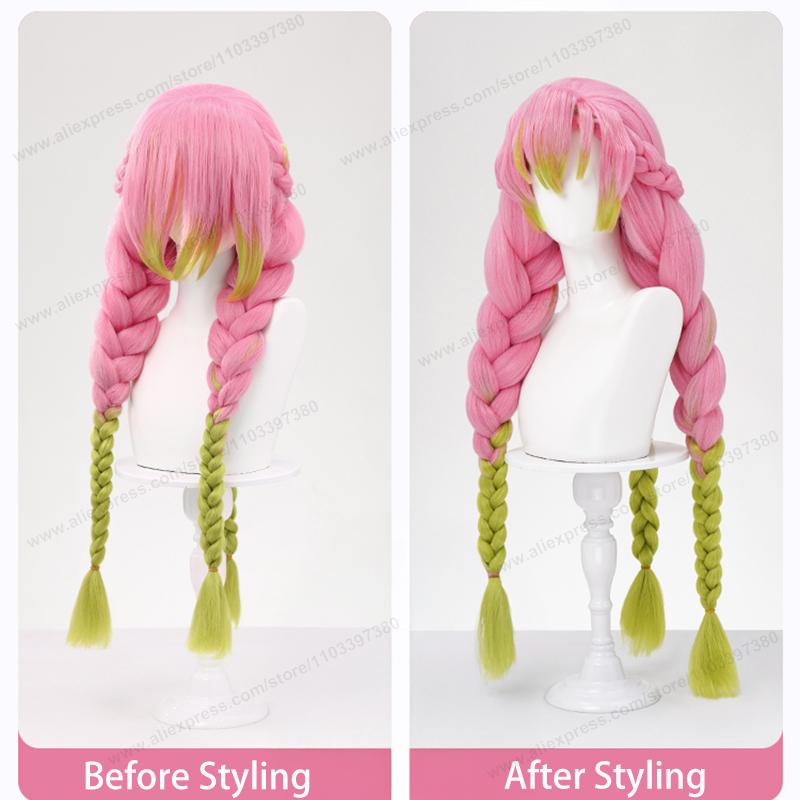 Anime Mitsuri Kanroji Cosplay Synthetic Wig 80cm Long Pink Green Braid Heat Resistant Women Hair High Quality Puffy Yaki Wigs