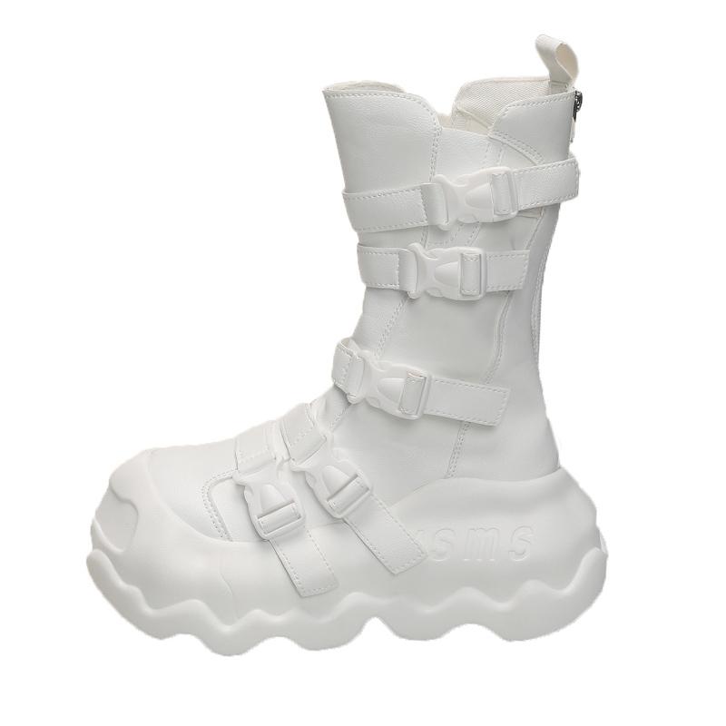 Fashion Women Chunky Mid-Calf Boots New Autumn Leather High Platform Round Toe Ladies Shoes Punk Buckle Motorcycle Boots Winter Sneakers