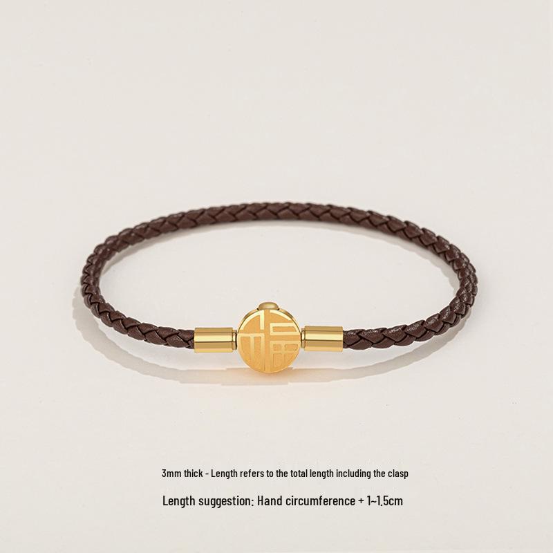 Fu Brand Leather Bracelet with Gold Buckle and Lucky Beads for Men, Women, Couples