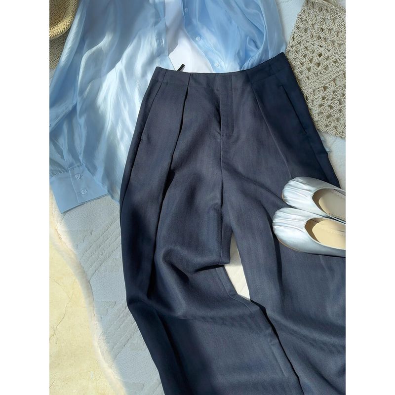Highly Recommended! Old Money Style Navy Blue Linen Pants for Women, New Summer Model, Simple and Relaxed Casual Pants Navy Blue Pants S