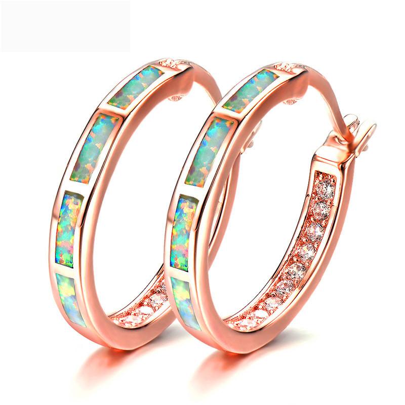 Classic Round Circle Hoop Earrings for Women Rose Gold Color Birthstone Imitation Opal Earrings Engagement Wedding Gift