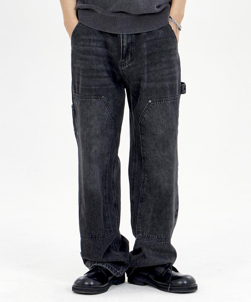 Biel Double Knee Carpenter Vintage Washed Work Denim Pants Black