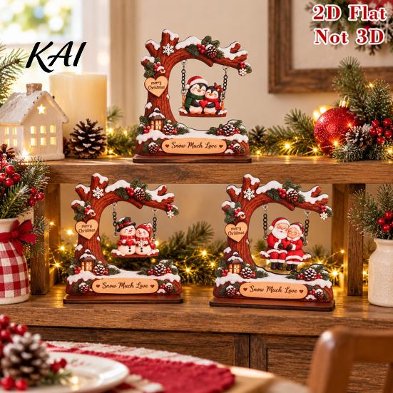 Festive Tabletop Display Wooden Christmas Swing Ornament, Cute Santa Claus Reindeer Penguin 2D Winter Theme Home Accents Flat Decoration for