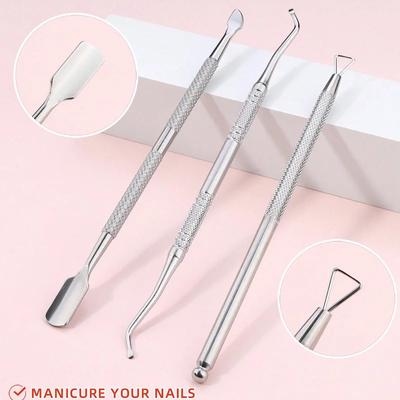 3pcs Stainless Steel Cuticle Pusher & Remover Set Includes Cuticle Trimmer, Dead Skin Pusher And Nail Polish Gel Remover Tool