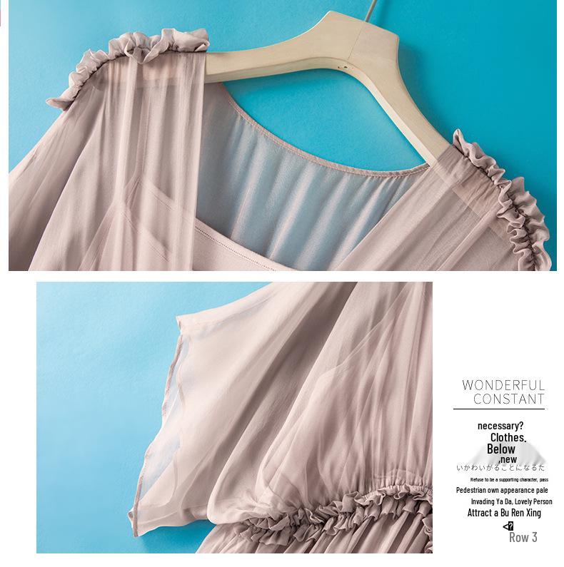 Women's Summer Long Silk Dress with Ruffle Edge - Simple, Solid Color