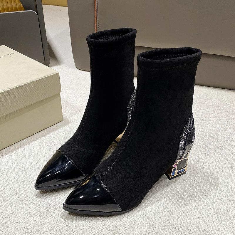 

Корейская версия черных ботильонов с пайетками и кристаллами, новые 2025, с острым носком, толстым каблуком, эластичными носками-чулками, ботильоны-рукава 40 чёрный