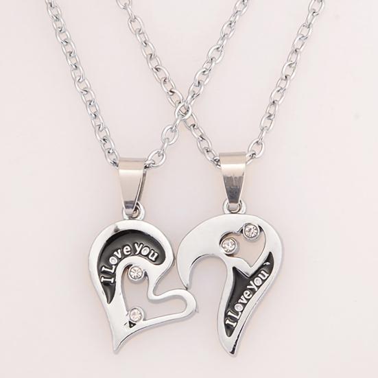 1 Pair Couple Necklace I Love You Rhinestone Inlaid Unisex Heart Shape Pendant Lover Necklace for Anniversary