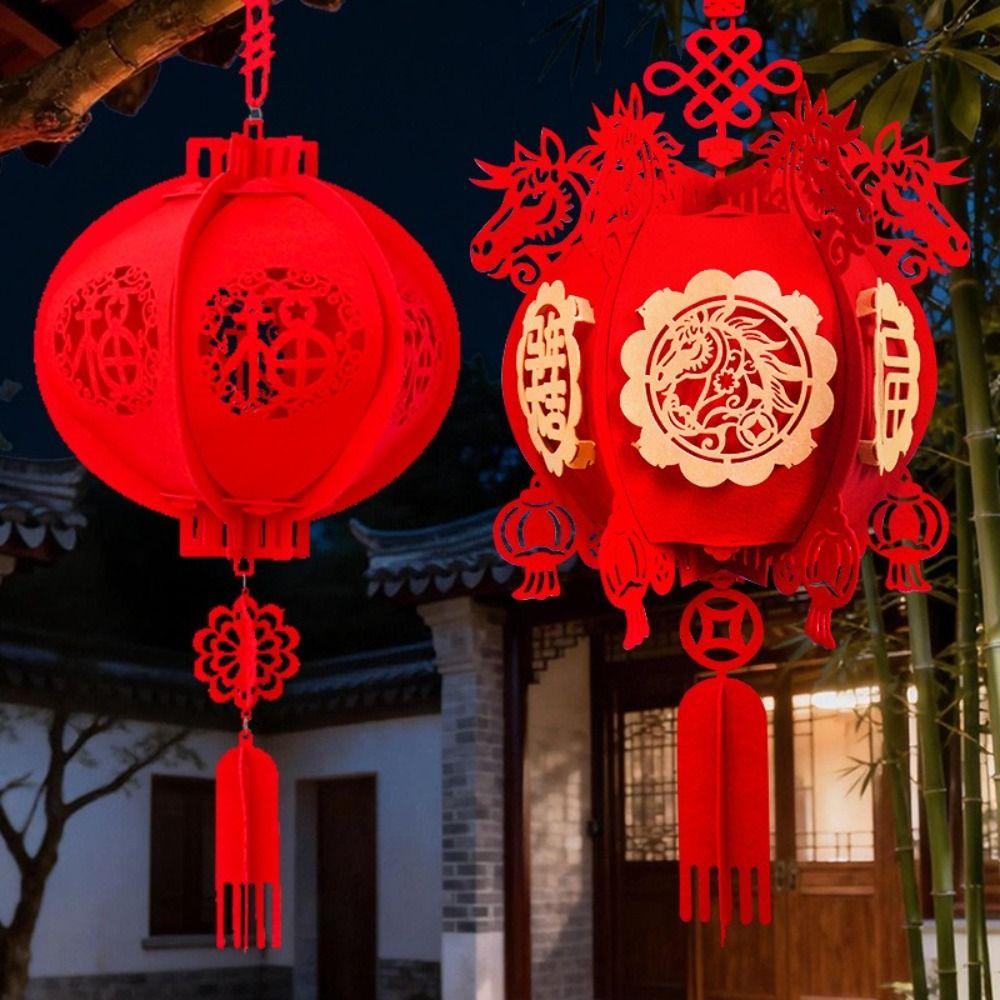 Flocking Cloth Chinese Lantern With Tassel Red Color New Year Decoration Waterproof 3D Puzzle Traditional Lantern